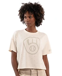 Starter Women's Cream Milwaukee Brewers Rhinestone Sprinkle Boxy Cropped T-Shirt