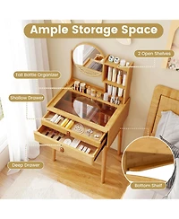 Costway Compact Makeup Table Set with 2 Drawers Open Storage Shelves Vanity Stool
