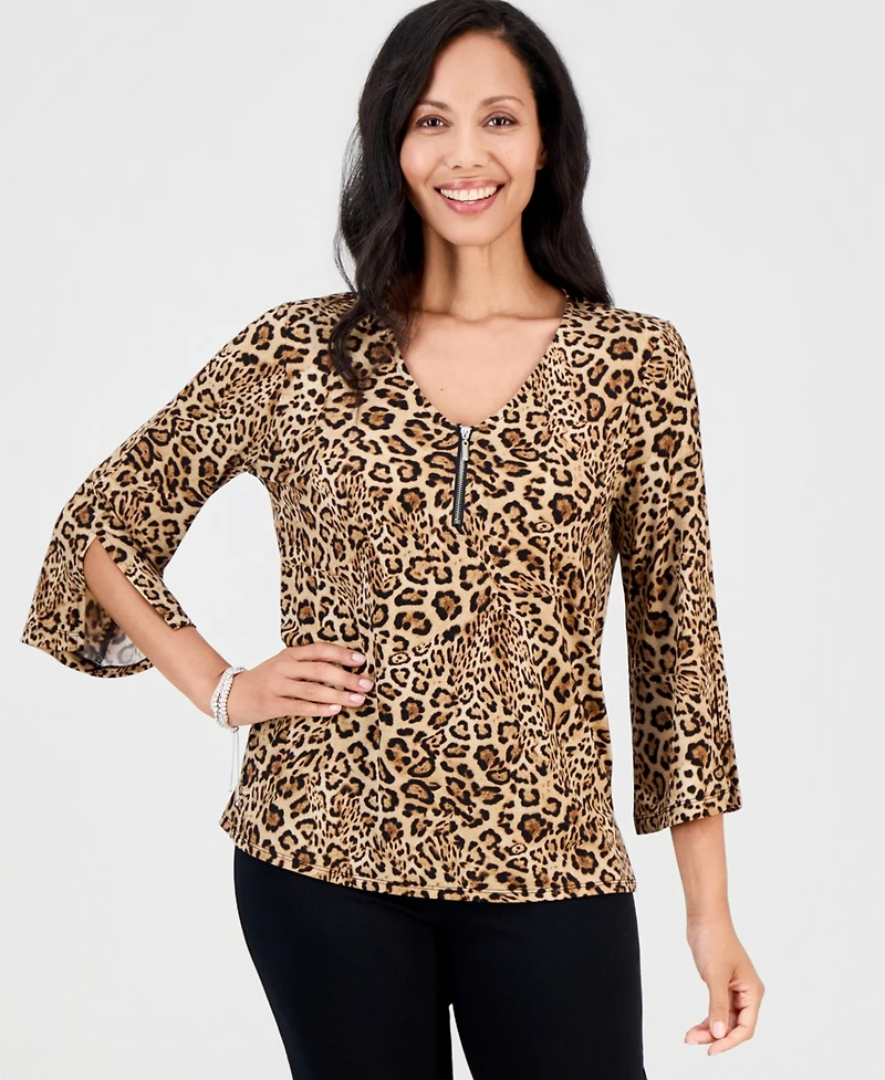 Jm Collection Women's Printed 3/4-Sleeve Zip-Front Top, Macy's Exclusive