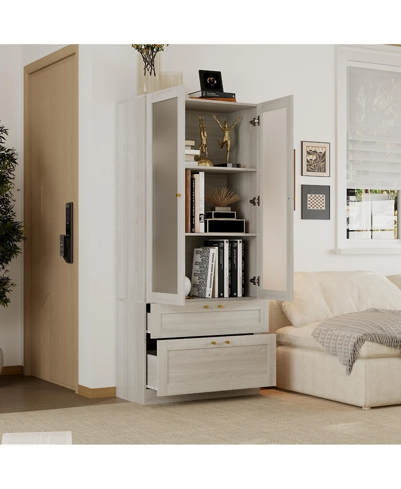 Homsee Modern 2-Door 2-Drawer Storage Cabinet - Frosted Glass Door Wooden Shelf with Gold Handles |Organizer for Living Room and Hallway