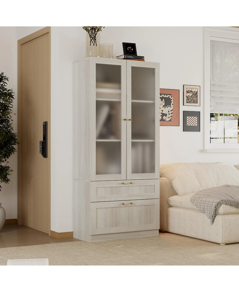 Homsee Modern 2-Door 2-Drawer Storage Cabinet - Frosted Glass Door Wooden Shelf with Gold Handles |Organizer for Living Room and Hallway