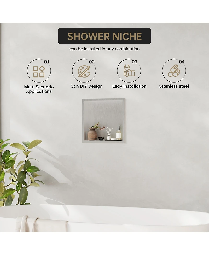 homfan 12 x 12 in Stainless Steel 304 Bathroom Niche, Recessed Shower Shelf Single Grid Built-in Wall Storage for Shower Bathroom Kitchen, Brushed