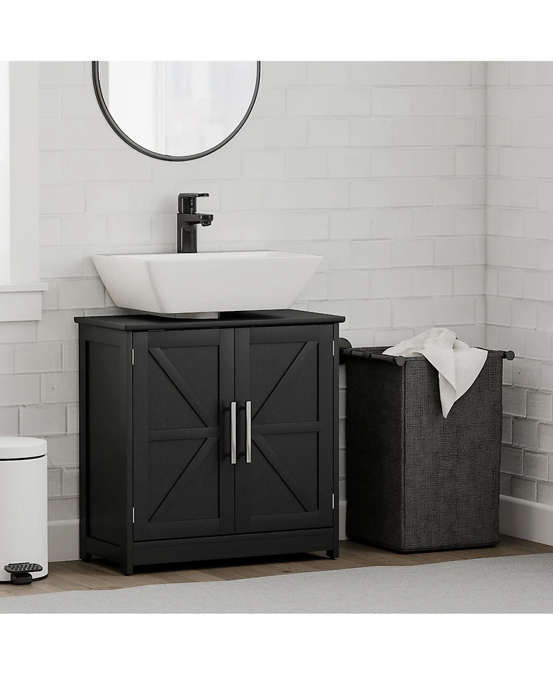 Busdays Farmhouse Distressed Pedestal Sink Cabinet Bathroom Storage with 2 Barn Doors and Adjustable Shelf