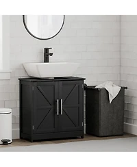 Busdays Farmhouse Distressed Pedestal Sink Cabinet Bathroom Storage with 2 Barn Doors and Adjustable Shelf