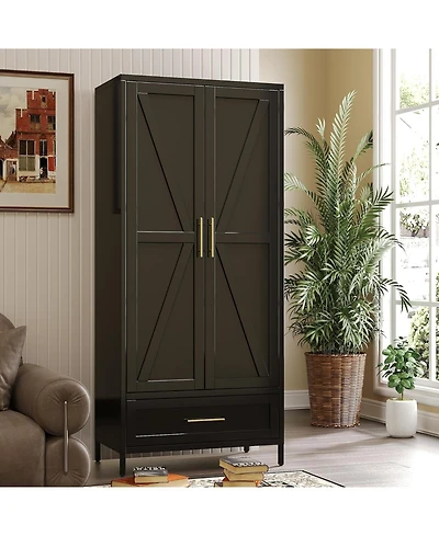 Boyel Living 71 Inch Metal Wardrobe Closet with Drawer and Hanging Rod, Tall Armoire Cabinet Adjustable Shelf for Bedroom