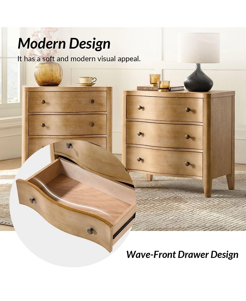 Hulala Home Horaz Modern 27''W 3-Drawers Curves End Table with Built-In Charging Station