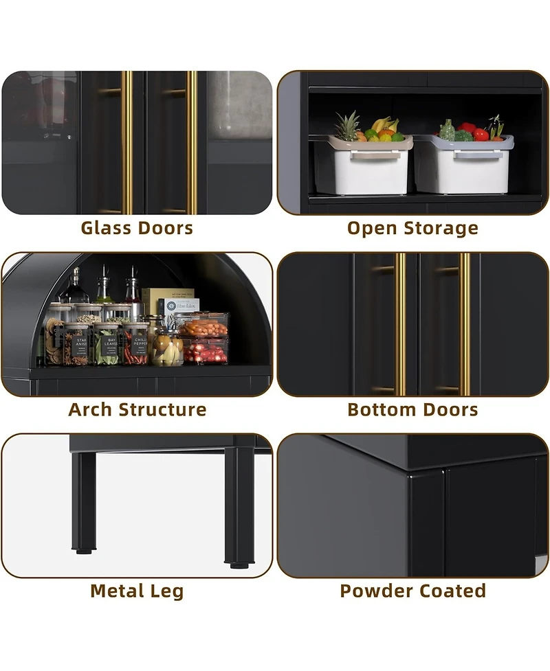 Boyel Living Farmhouse Arched Coffee Bar Cabinet, Metal Pantry Hutch with Glass Doors and Adjustable Shelves