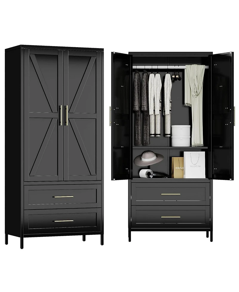Boyel Living 71 Inch Metal Wardrobe Closet with Doors and Drawers, Tall Armoire Cabinet Hanging Rod for Bedroom