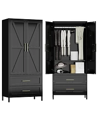 Boyel Living 71 Inch Metal Wardrobe Closet with Doors and Drawers, Tall Armoire Cabinet Hanging Rod for Bedroom