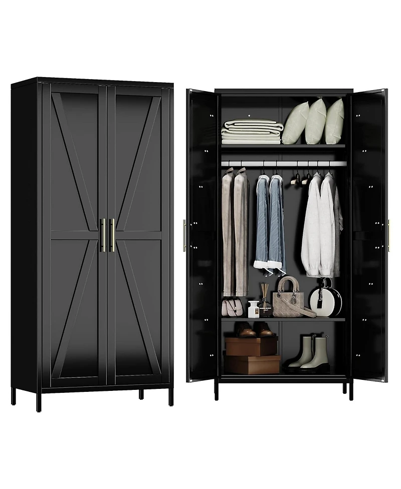 Boyel Living 71 Inch Farmhouse Metal Wardrobe Closet, Tall Armoire Cabinet with Doors and Hanging Rod for Bedroom