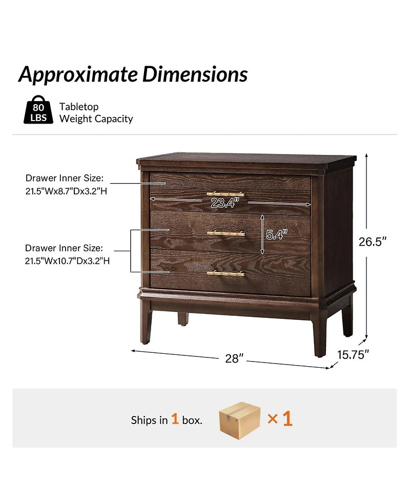 Hulala Home Rosalie Transitional 26"Tall 3-Drawer End Table with Built-in Charging Station