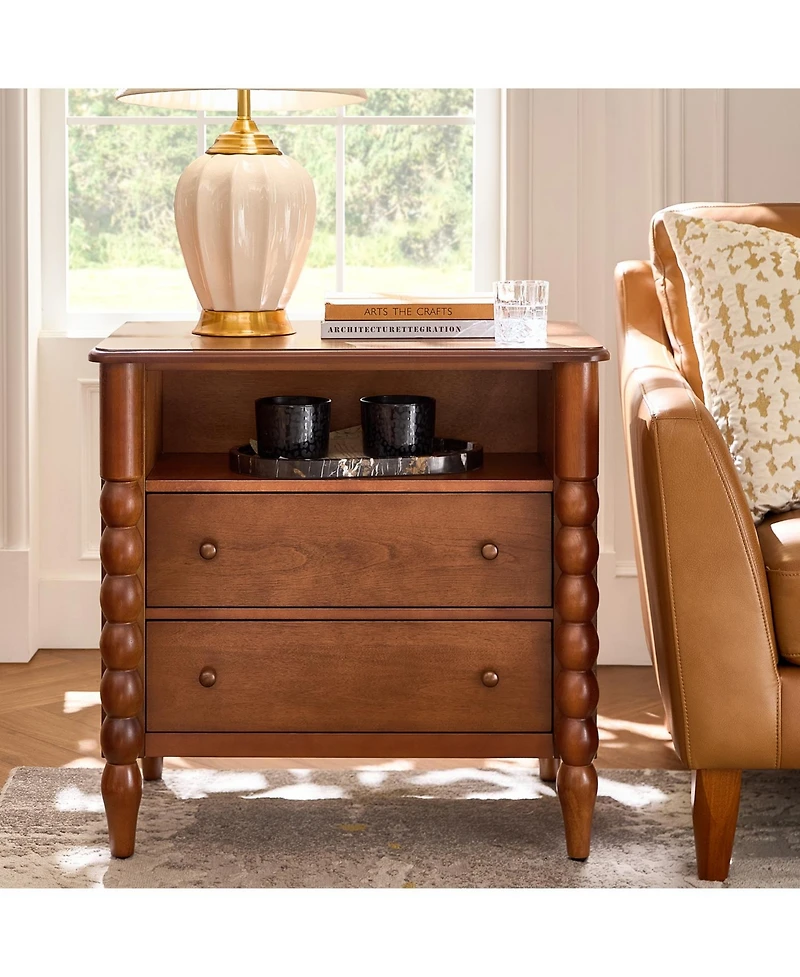 Hulala Home Isidora Transitional 28"W 2-Drawer Spindle-Style Solid Wood Columns End Table with Usb Ports
