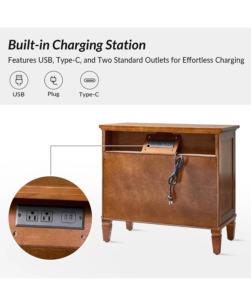 Hulala Home Launcelot Eliseo Transitional 3 Drawers End Table with Built-In Outlets Usb Type C
