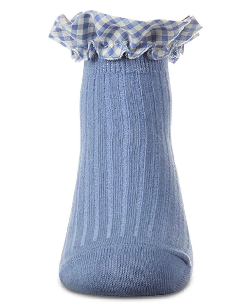 MeMoi Girls Ribbed Cotton-Rich Checkered Ruffle-Trim Ankle Sock