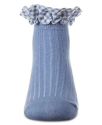 MeMoi Girls Ribbed Cotton-Rich Checkered Ruffle-Trim Ankle Sock