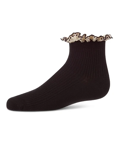 MeMoi Baby Girls Ribbed Cotton-Rich Ankle Sock with Heart-Print Lace-Trim Ruffle