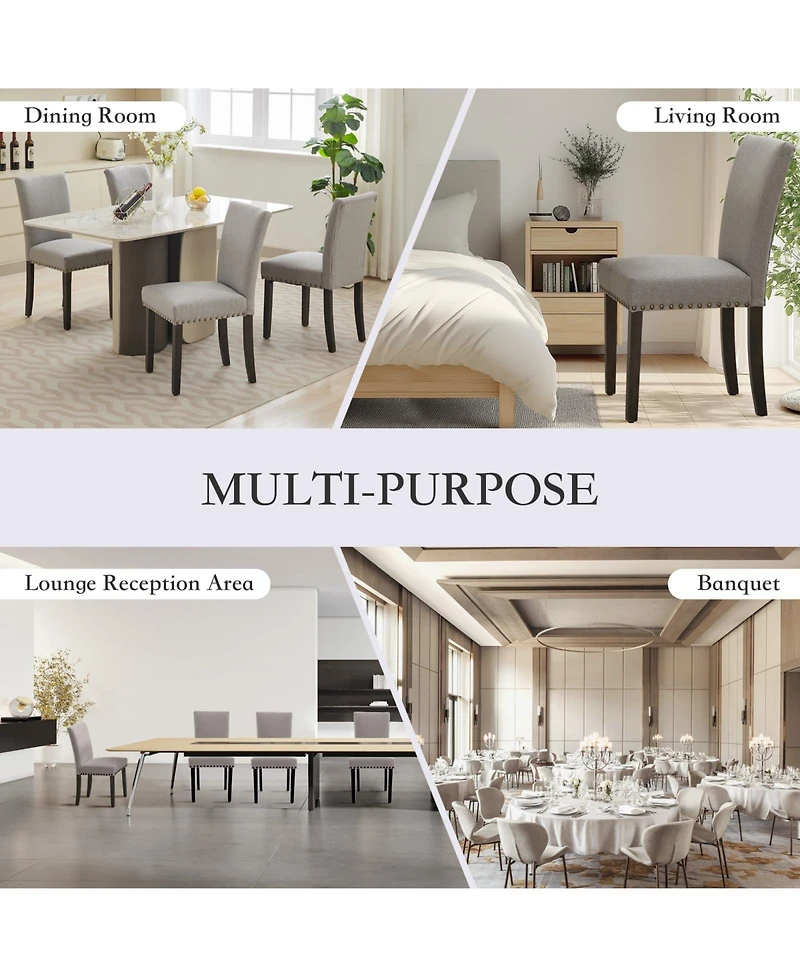 homfan Set of 2 Dining Chairs, Linen Upholstered Parsons Chairs with Nailhead Trim and Wood Legs for Dining Room