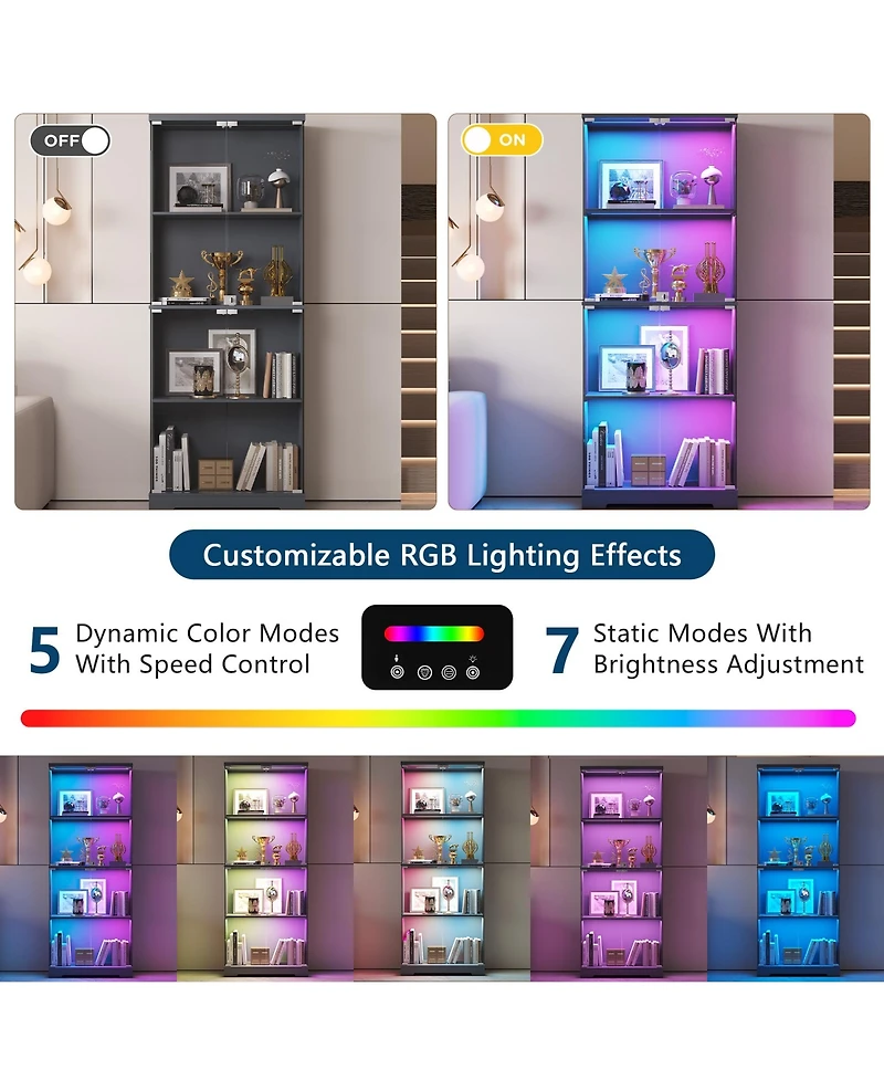 Vlsrka Glass Display Cabinet 4-Tier with Rgb Light and Security Lock