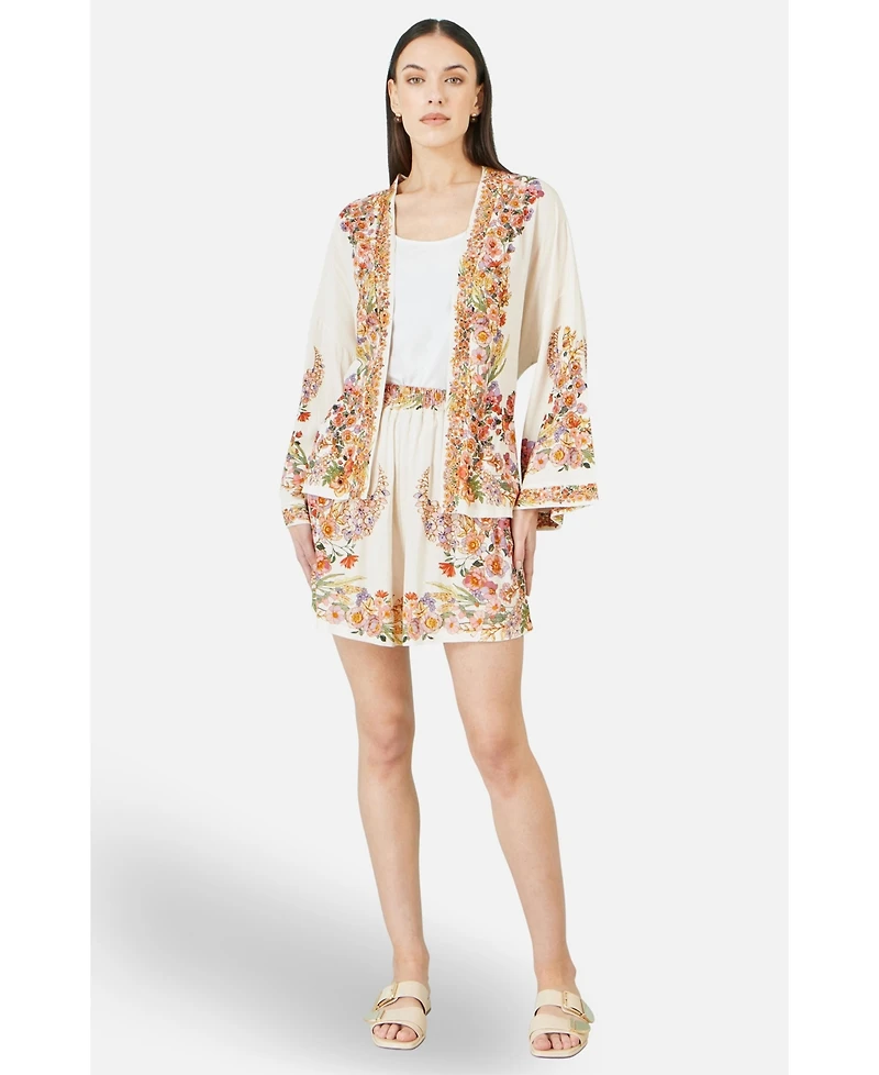 Yumi Women's Viscose Floral Border Belted Jacket