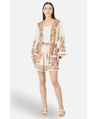 Yumi Women's Viscose Floral Border Belted Jacket