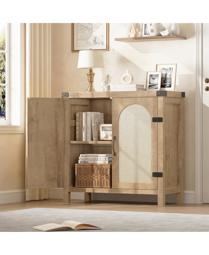 homfan Farmhouse Boho Rattan Entryway Storage Cabinet, Adjustable Shelves, Spacious Buffet Sideboard, Accent Credenza for Kitchen, Dining, Living Room
