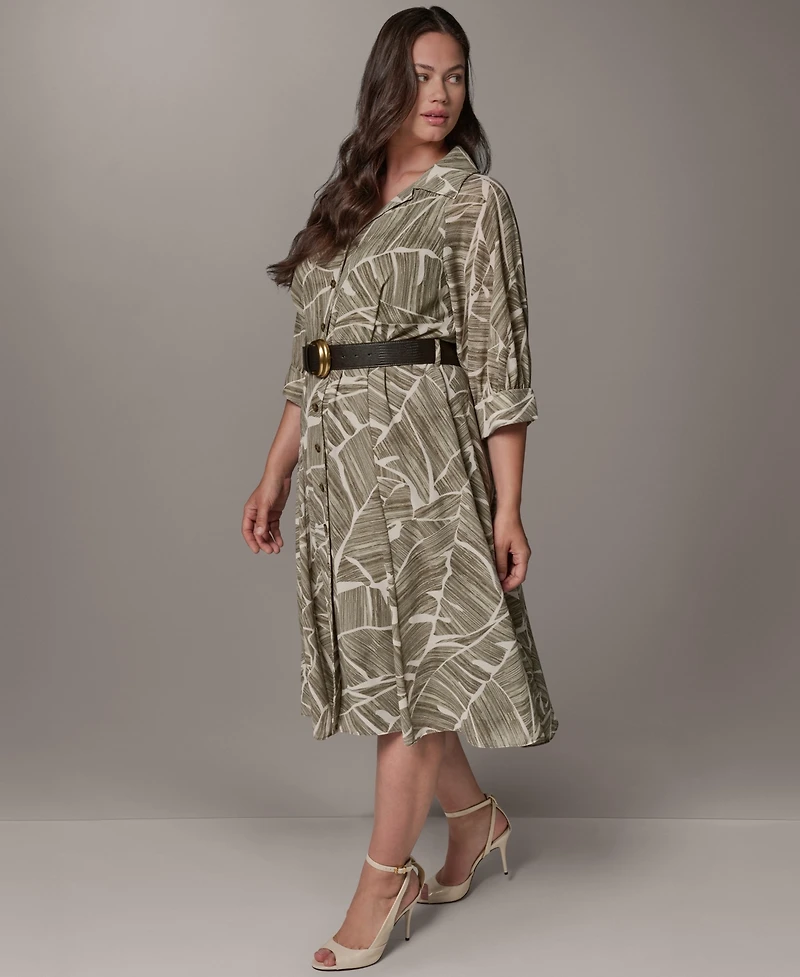 Donna Karan New York Plus Printed 3/4-Length Sleeve Belted Midi Shirtdress