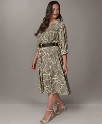 Donna Karan New York Plus Printed 3/4-Length Sleeve Belted Midi Shirtdress