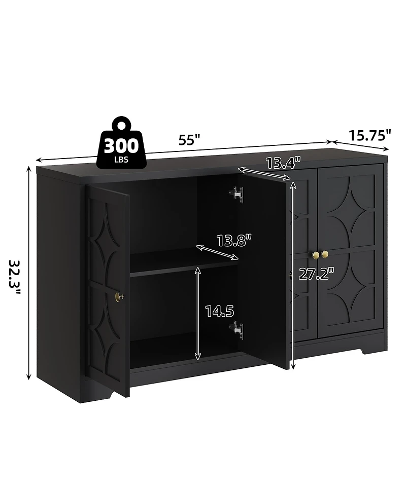 homfan 55 Inch Modern Sideboard Credenza, 4-Door Buffet Cabinet with Adjustable Shelves and Gold Handles for Kitchen, Living Room Entryway