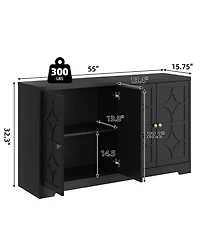 homfan 55 Inch Modern Sideboard Credenza, 4-Door Buffet Cabinet with Adjustable Shelves and Gold Handles for Kitchen, Living Room Entryway
