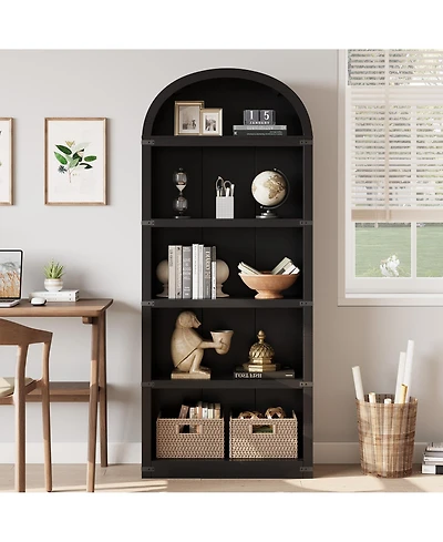 homfan Arched 5-Shelf Wooden Bookcase Cabinet with Doors - 71.65 Inch Tall Farmhouse Display Storage Rack Bookshelf for Home Office, Living Room