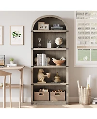 homfan Arched 5-Shelf Wooden Bookcase Cabinet with Doors - 71.65 Inch Tall Farmhouse Display Storage Rack Bookshelf for Home Office, Living Room