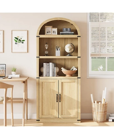 homfan Arched 5-Shelf Wooden Bookcase Cabinet with Doors - 71.65 Inch Tall Farmhouse Display Storage Rack Bookshelf for Home Office, Living Room