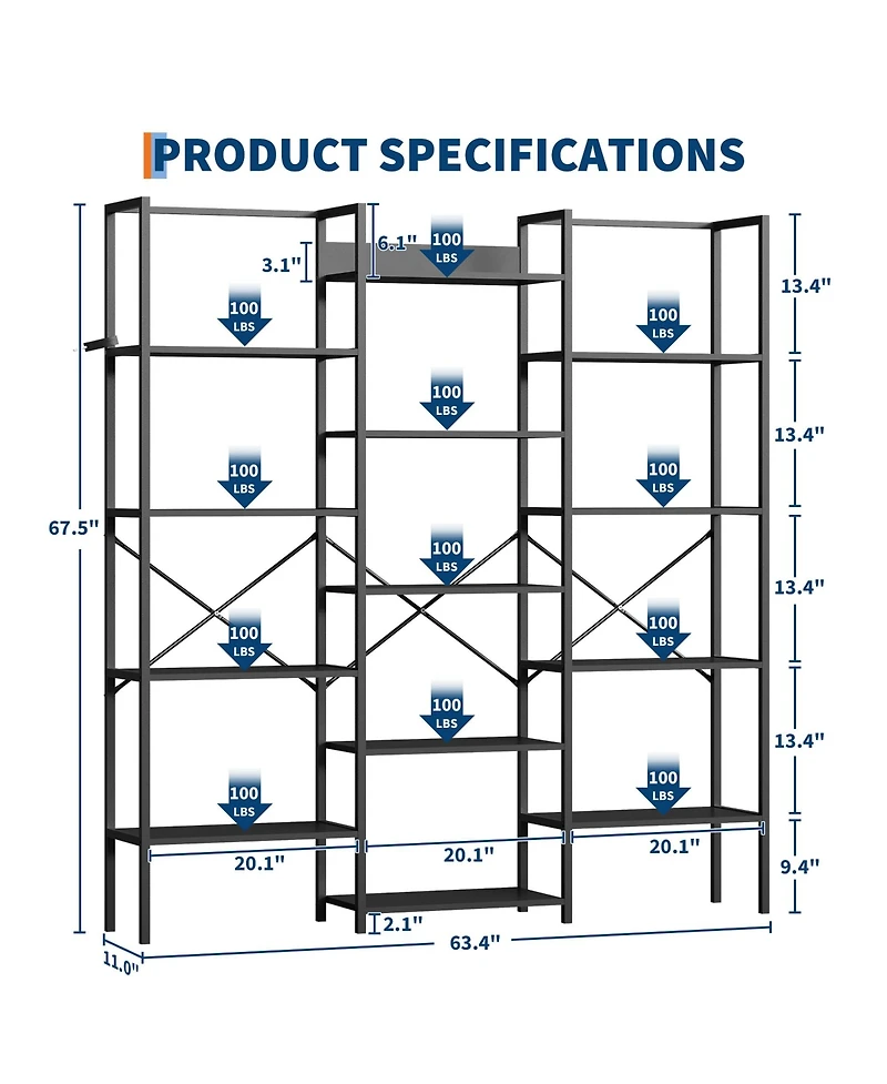 homfan 3-Column 14-Shelf Open Bookshelf, Adjustable Steel Frame Storage Rack with Anti-Tip Bracket, Fast Assembly Home Office Display Organizer