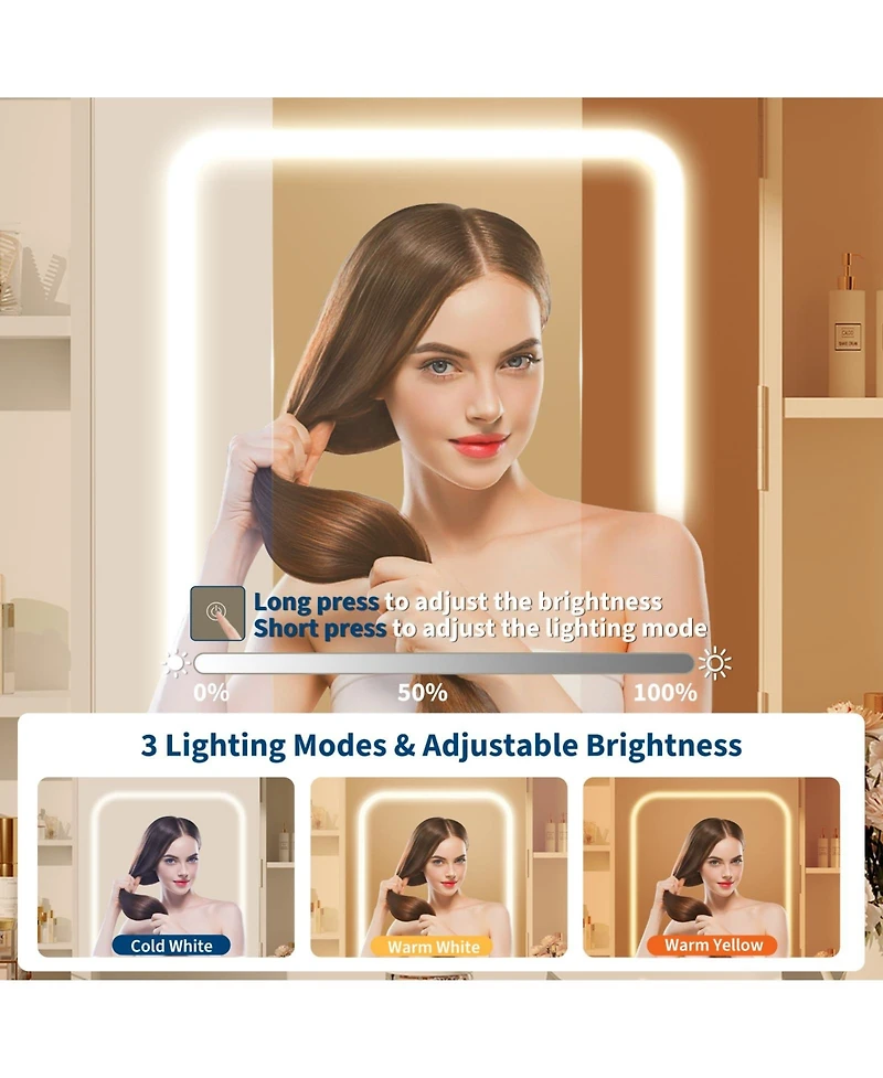 homfan Vanity Desk with Mirror and Lights, Bedroom, Adjustable 3 Color Modes, Makeup Table with Hidden Shelves, Usb Outlets, Hairdryer Holder