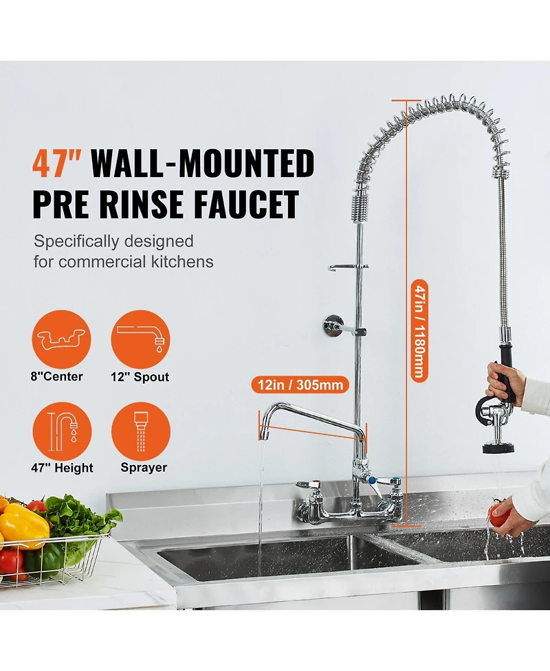Phying Commercial Faucet with Pre-Rinse Sprayer, 47" Height, 8" Center, 12" Swing Spout, Wall Mount Kitchen Sink Faucet