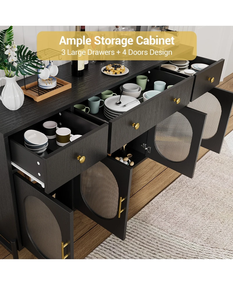 homfan Retro Fluted Acrylic Door Storage Cabinet, Engineered Wood Multi-Functional Sideboard Console with Metal Legs and Anti-Tip Structure