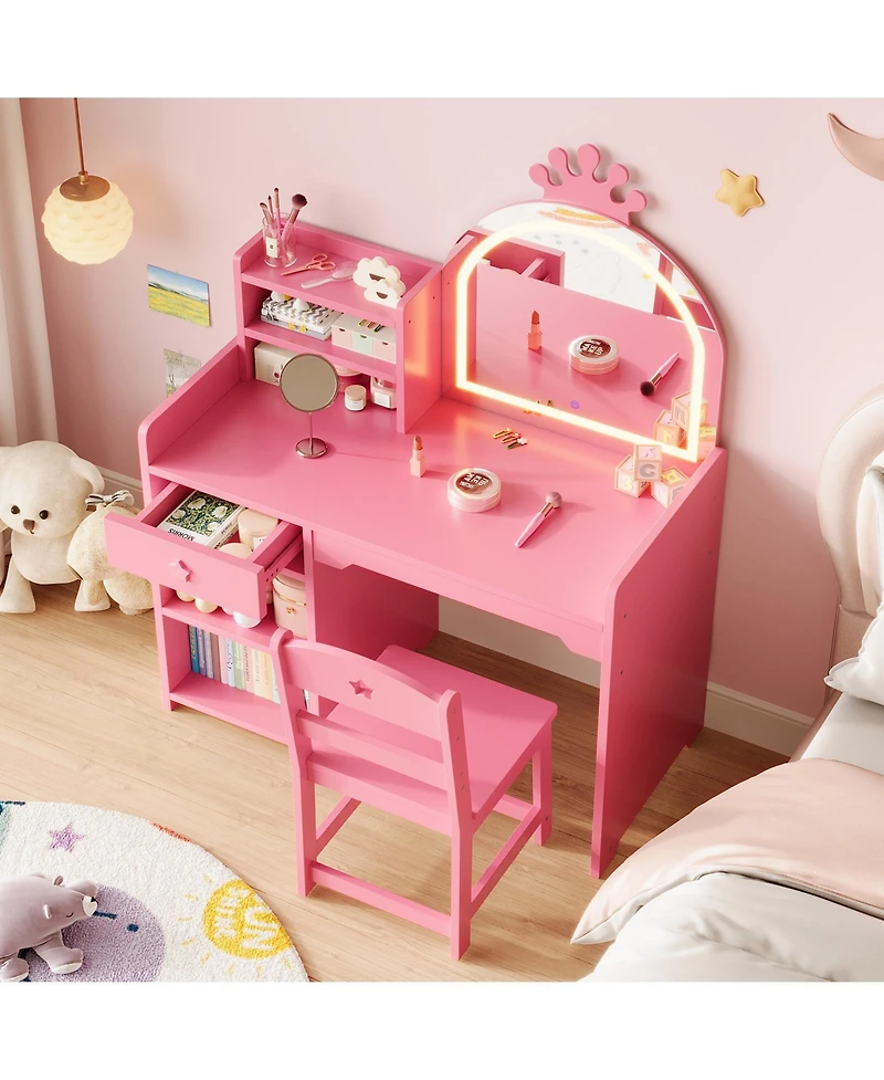 homfan 2-in-1 Kids Vanity Set with Lighted Mirror, 4-Piece Dressing Table with Bookshelf, Storage Cabinet and Stool, for Girls Ages 3-8