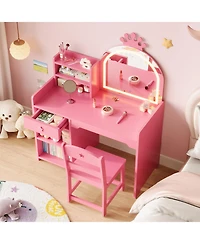 homfan 2-in-1 Kids Vanity Set with Lighted Mirror, 4-Piece Dressing Table with Bookshelf, Storage Cabinet and Stool, for Girls Ages 3-8