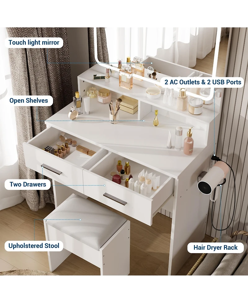 homfan Vanity Set with 3-Color Adjustable Led Mirror, Small Makeup Desk with Power Outlet, 2 Drawers, Modern Dressing Table, Cushion Stool Bedroom