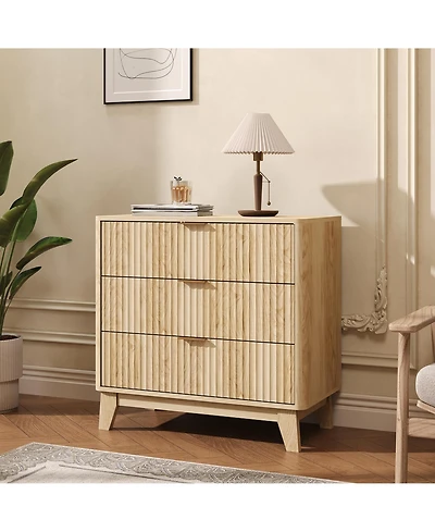 homfan Fluted 3 Drawer Nightstand - Bedside End Table with Metal Handle for Bedroom, Living Room, Closet