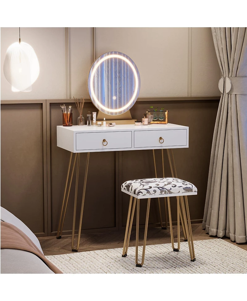 homfan Vanity Desk Set with Lighted Mirror, Soft Cushioned Stool, 3 Lighting Modes Dressing Table, 2 Drawers for Bedroom