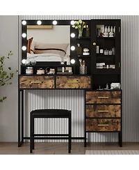 homfan Vanity Desk with Mirror and Lights, Girls Vanity Table with Chair, Charging Station, Drawers and Shelves for Bedroom, Living Room