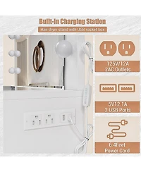 homfan Large Vanity Table with Light Bulbs, Glass Top Makeup Vanity Desk with 11 Storage Drawers Large Makeup Mirror, Power Outlet, Vanity for Bedroom