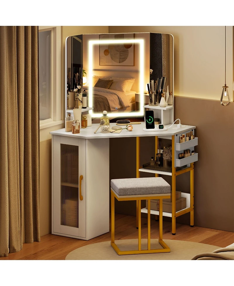 Slickblue Corner Dressing Table with Mirror and Led Lights for Makeup