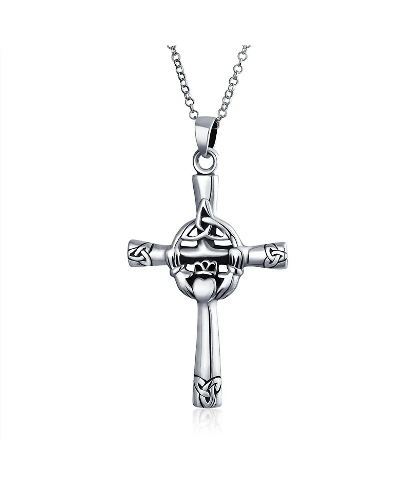 Bling Jewelry Celtic Claddagh Cross Pendant Necklace Trinity Infinity Knot Claddagh Oxidized .925 Sterling Silver