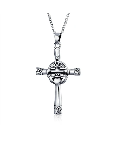 Bling Jewelry Celtic Claddagh Cross Pendant Necklace Trinity Infinity Knot Claddagh Oxidized .925 Sterling Silver