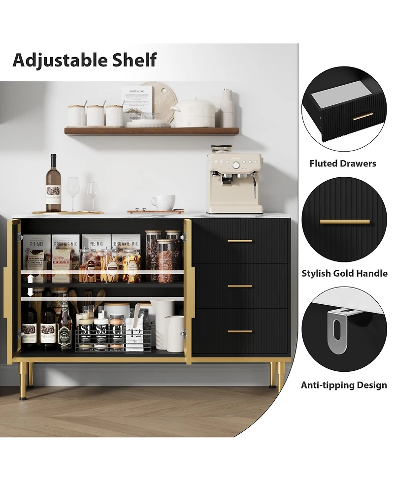 homfan Glass Door Side Cabinet with Wave Drawers and Marble Finish, Accent Buffet for Dining Room Living