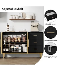 homfan Glass Door Side Cabinet with Wave Drawers and Marble Finish, Accent Buffet for Dining Room Living