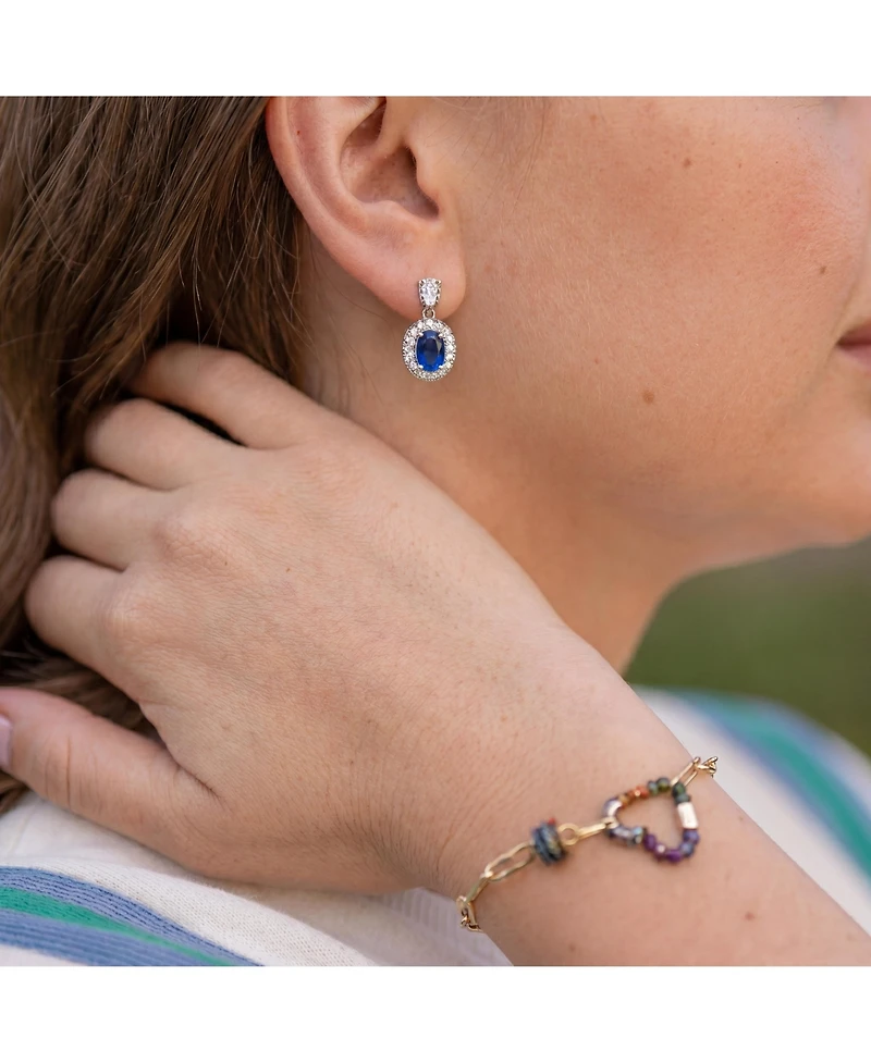 Extra Mini Sterling Silver White Gold Plated Blue Oval Cubic Zirconia with Clear Pear and Round Cubic Zirconias Accent Earrings