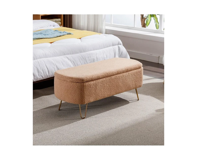 sumyeg Storage Ottoman Bench for End of Bed Gold Legs Modern Grey Faux Fur Entryway Upholstered Padded
